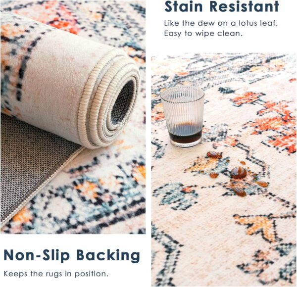 VK VK·LIVING Machine Washable Rug 5'x7' Vintage Design Washable Area Rugs with Non Slip Rugs for Living Room Bedroom Traditional Woven Rug Carpet Stain Resistant,Home Decor Office Boho Rug,Blue&Orange - Image 3