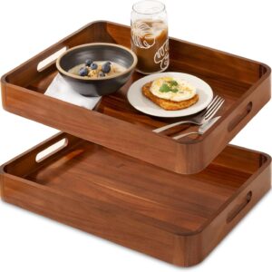 Acacia Wooden Serving Trays with Handles for Eating, Appetizers, Food, Snacks, or Home Decor, Large Wood Bed Tray or TV Tray, Decorative Ottoman or Coffee Table Accessory, 17x13 inch, Set of 2