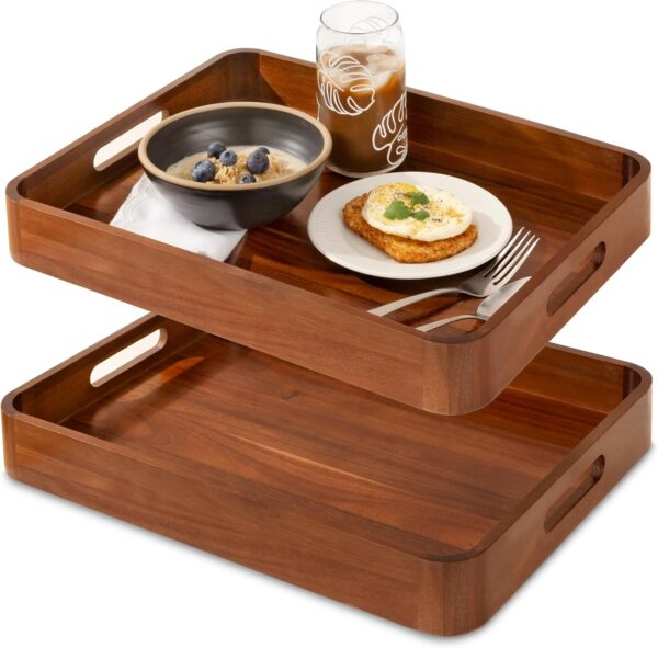 Acacia Wooden Serving Trays with Handles for Eating, Appetizers, Food, Snacks, or Home Decor, Large Wood Bed Tray or TV Tray, Decorative Ottoman or Coffee Table Accessory, 17x13 inch, Set of 2
