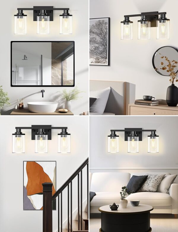 DORESshop 20 Inch Bathroom Light Fixtures, 3-Light Black Bathroom Lighting Fixtures Over Mirror with Clear Glass Shade, Vanity Lights for Bathroom Living Room Bedroom, ETL Listed - Image 7