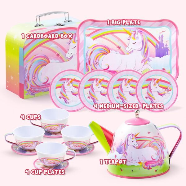JOYIN Unicorn Tea Set for Toddlers Tea Party Set for Children Kids Pretend Role Play Tin Teapot Set with Cups, Plates and Carrying Case Kitchen Toy for Little Girls Birthday Gifts Age 3 4 5 6 - Image 2