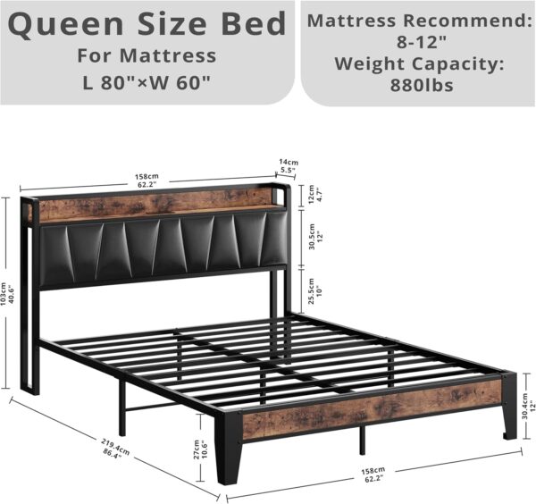 LIKIMIO Queen Bed Frame, Storage Headboard with Charging Station, Solid and Stable, Noise Free, No Box Spring Needed, Easy Assembly (Vintage and Black) - Image 2