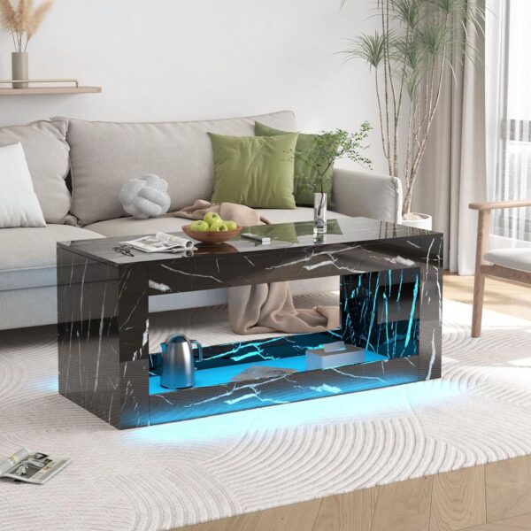 47.3IN Modern LED Coffee Table, Black/White Coffee Table for Living Room,High Gloss Coffee Table with APP Control, Large Coffee Table with Marbling Print(Black) - Image 7
