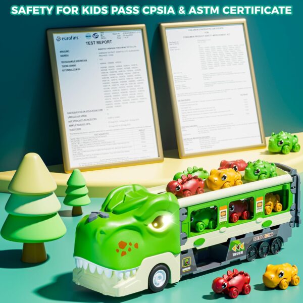 Dinosaur Truck Toys for 2 3 4 5 6 7 Year Boy Toddler, Foldable Track & 2 Player Race Mode, Light & Sound Transport Carrier W/ 6 Dino Car & 12 Accessories, Birthday Gift Idea for Kids Girls - Image 6