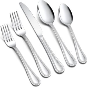 E-far 60-Piece Silverware Set for 12, Stainless Steel Flatware Cutlery Set with Pearled Edge, Include Forks Spoons and Knives, Modern Tableware Eating Utensils for Kitchen Restaurant, Dishwasher Safe