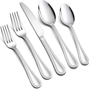 E-far 60-Piece Silverware Set for 12, Stainless Steel Flatware Cutlery Set with Pearled Edge, Include Forks Spoons and Knives, Modern Tableware Eating Utensils for Kitchen Restaurant, Dishwasher Safe