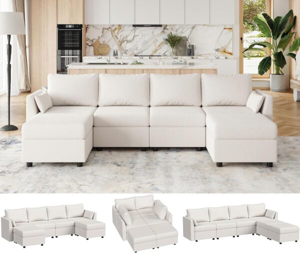 Modular Sectional Sofa, 6 Seat Modular Couch with Storage, Memory Foam, Convertible Sectional Couches for Living Room, U Shaped Comfy Modular Sofa with Chaise, Beige