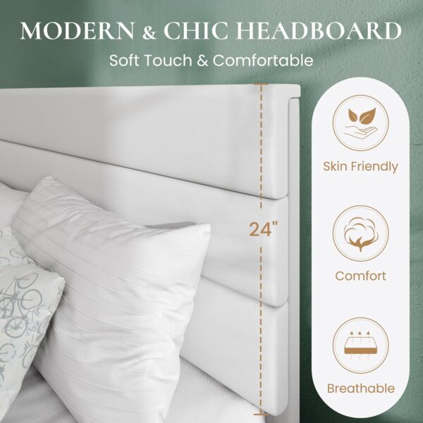 SHA CERLIN King Platform Bed Frame with Velvet Upholstered Headboard, Mattress Foundation with Strong Wooden Slats Support, No Box Spring Needed, White - Image 4