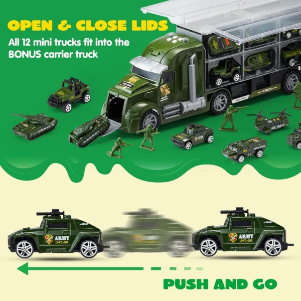 JOYIN 25 in 1 Green Military Big Truck Toys, Army Men Tanks Set with Soldier Men, Mini Battle Car Toy in Carrier Truck with Lights and Sounds, Gifts for Toddler Kids Boys Ages 3+ - Image 6