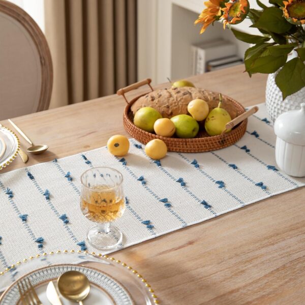 Caflife Boho Table Runner 108 Inchs Long for Modern Farmhouse Room Home Decor, Blue and Beige Coffee Table Runner, Natural Cotton Woven with Tassels Neutral, for Kitchen Dining Table Decor - Image 3