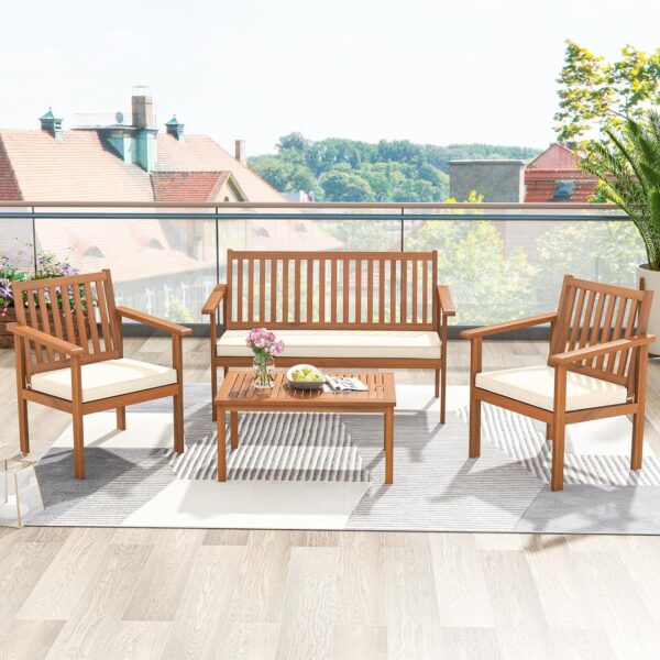 Tangkula 4 Piece Patio Wood Furniture Set, Acacia Wood Sofa Set w/Loveseat, 2 Chairs & Coffee Table, Soft Seat Cushions, Outdoor Wood Furniture Set for Porch, Yard, Balcony (Off White) - Image 4