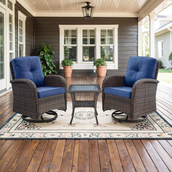 Patio Wicker Chairs Swivel Rocker - Outdoor Swivel Rocking Chairs Set of 2 with Rattan Side Table, Patio Swivel Glider Chair 3 Piece Patio Furniture Sets for Patio Porch Pool Brown/Blue - Image 2