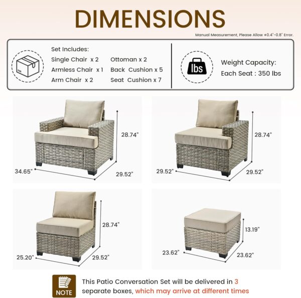 Patio Furniture Sets 7 Pieces Outdoor Sectional Rattan Sofa Manual Weaving Wicker Patio Conversation Set with Ottomans and T Cushion(Beige) - Image 6