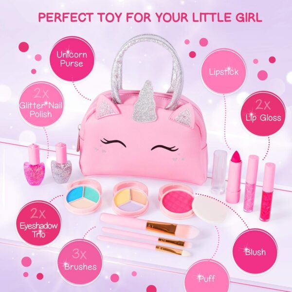 Kids Real Makeup Kit for Little Girls: with Pink Unicorn Purse - Real, Non Toxic, Washable Make Up Toy - Gift for Toddler Young Children Pretend Play Set Vanity for Ages 3 4 5 6 7 8 9 10 Years Old - Image 3