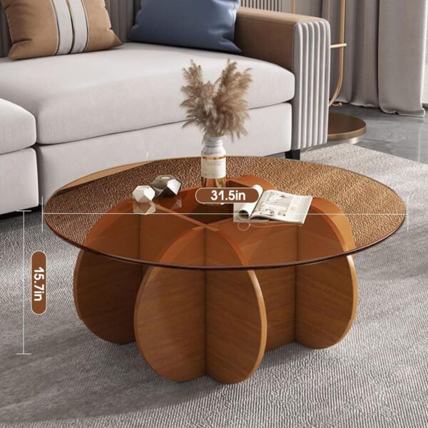 Modern Round Coffee Table with Solid Wood Legs, 31.5'' Glass Coffee Tables for Living Room Rustic Circle Center Cocktail Table with Tempered Glass-Top, Unique Accent Table for Small Spaces - Image 6