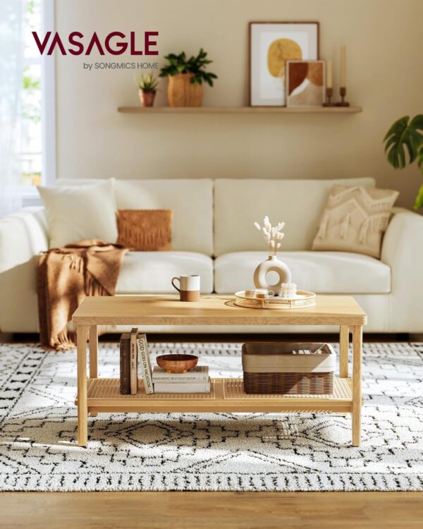 VASAGLE 2-Tier Coffee Table for Living Room, Living Room Table Rectangular Center Table, with PVC Rattan Storage Shelf, Rounded Corners, Easy Assembly, Boho Style, Oak Beige ULCT240Y57 - Image 2