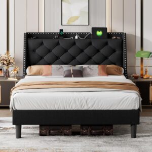 iPormis Queen Bed Frame with 16" Deluxe Wingback & Charging Station,Upholstered Platform Bed with Button Tufted Storage Headboard, Solid Wood Slats Support, No Box Spring Needed, Black