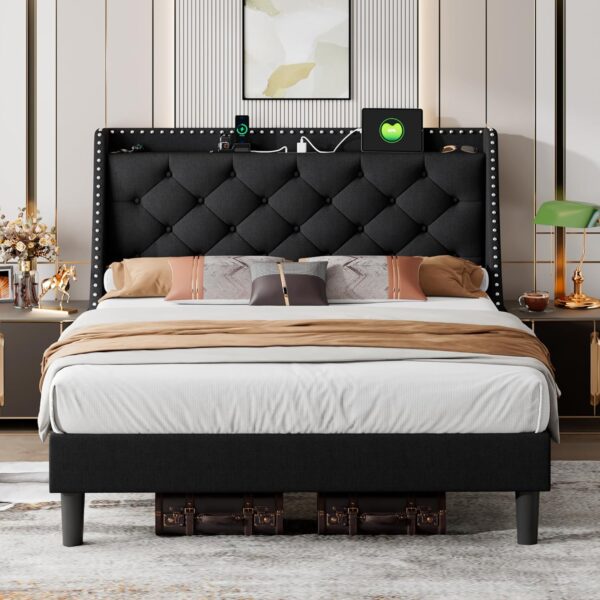 iPormis Queen Bed Frame with 16" Deluxe Wingback & Charging Station,Upholstered Platform Bed with Button Tufted Storage Headboard, Solid Wood Slats Support, No Box Spring Needed, Black