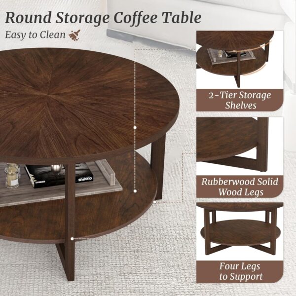 Round Coffee Table, 35" Rustic Modern Circle Coffee Tables with 2-Tier Storage Shelf, Sofa Table, Cocktail Table for Living Room, Dark Walnut - Image 6