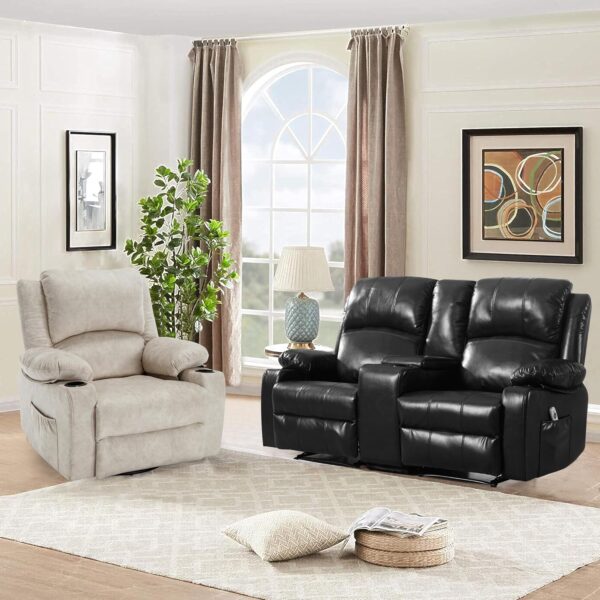 Massage Recliner Chair for Adults 360°Swivel Rocker Recliner Chair with 8Point Massage and Heat, Oversized Soft Fabric Recliner Chair for Living Room Home Theater Reclining Sofa Chair Beige - Image 3