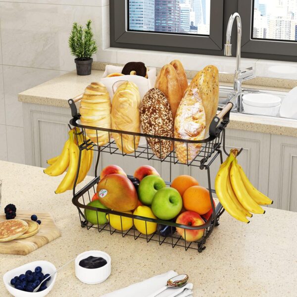 ANTOPY 2 Tier Fruit Basket with 2 Banana Hangers, Countertop Fruit Vegetable Basket Bowl for Kitchen Counter Metal Wire Storage Basket Fruits Stand Holder Organizer for Bread Snack Veggies Produce - Image 5