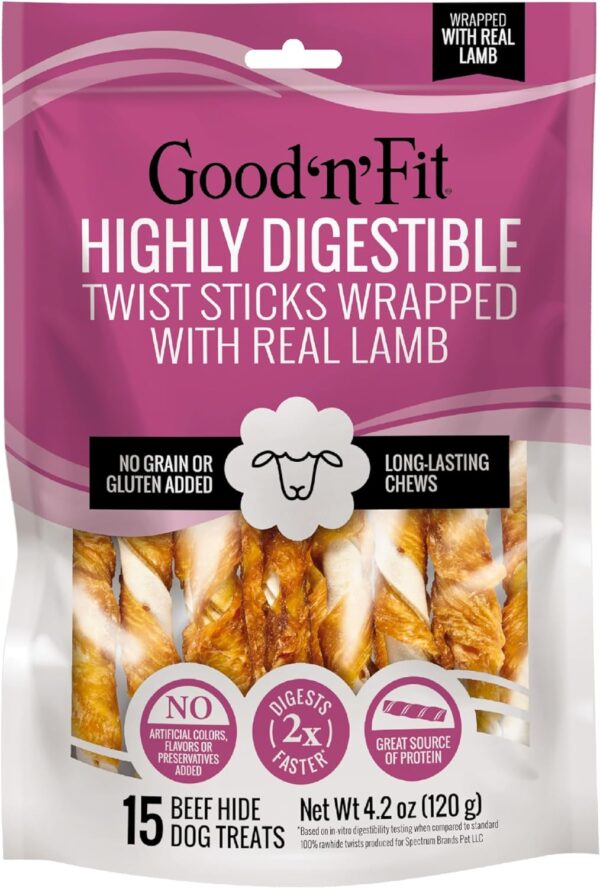 Good 'n' Fit Twist Sticks Made with Real Lamb, 15 Count, Treat Your Dog to Long-Lasting and Highly Digestible Rawhide Chews