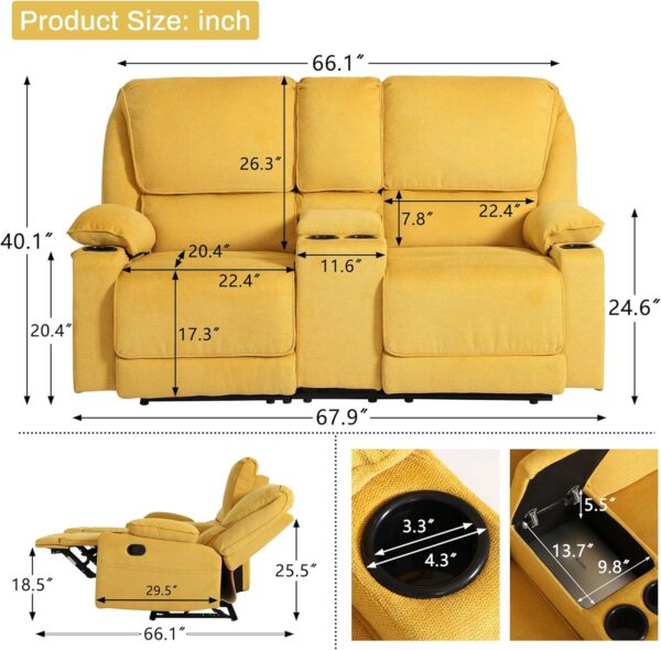 KIGOTY Reclining Sofa, 2 Seater Manual Recliner Sofa with Cup Holders, Manual Reclining Loveseat Home Theater Seating Sofa Couch Sets for Living Room,Lemon Yellow - Image 2