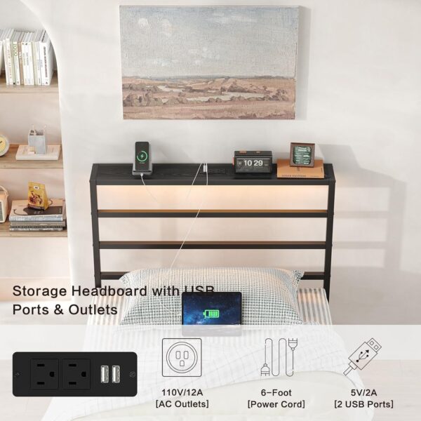 Queen Bed Frame with Headboard and Footboard,Heavy Duty Steel Slats Support Metal Bed Frame with Charging Station, Black - Image 6