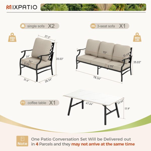 Patio Furniture Set 4 pcs, Metal Outdoor Patio Furniture, 3-Seat Sofa, 2 Single Chairs, Metal Coffee Table and 5.75" Extra Thick Cushion, Patio Conversation Set,Beige - Image 6