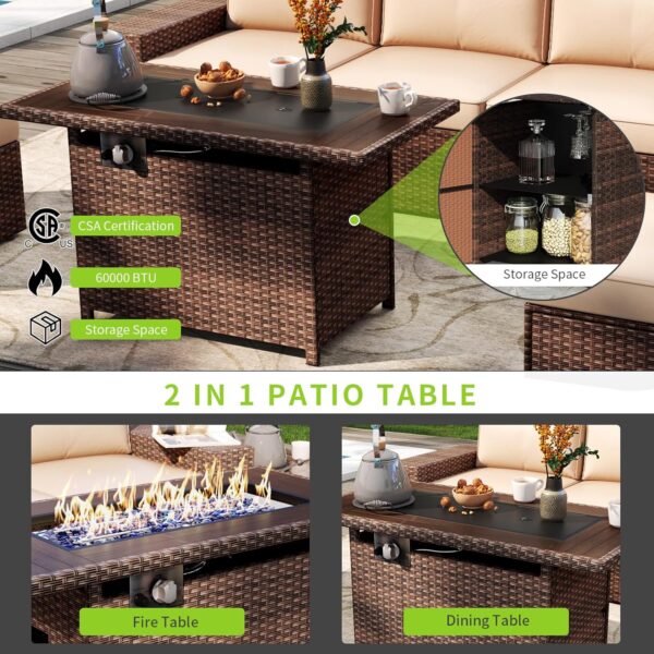 Aoxun 7 Pieces Patio Furniture Set Outdoor Wicker Rattan Furniture 44” Fire Pit Table Outdoor Sectional Sofa Include Waterproof Cover with Thickened Cushions (7 Piece, Beige) - Image 7