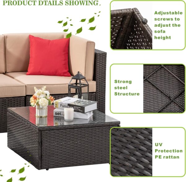 Vongrasig 5 Piece Patio Furniture Sets, All-Weather Brown PE Wicker Outdoor Couch Sectional Set, Small Conversation Set for Garden/Patio w/Ottoman, Glass Table, Red Pillow, Beige - Image 6
