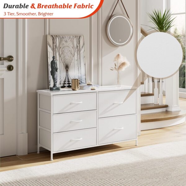Nicehill White Dresser for Bedroom with 5 Drawers, Small Dresser for Kids' Bedroom, Closet, Wide Chest of Drawers with Fabric Storage Drawers, Wooden Top, Steel Frame, Modern, White - Image 5
