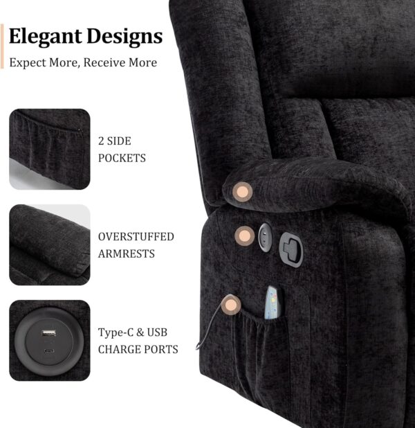 Rocker Recliner Chair for Adults, 360°Swivel Recliner Chair with USB Ports, Electric Recliner Chairs with Massage and Heating, Rocking Recliner for Living Room, Nursery, Black - Image 7