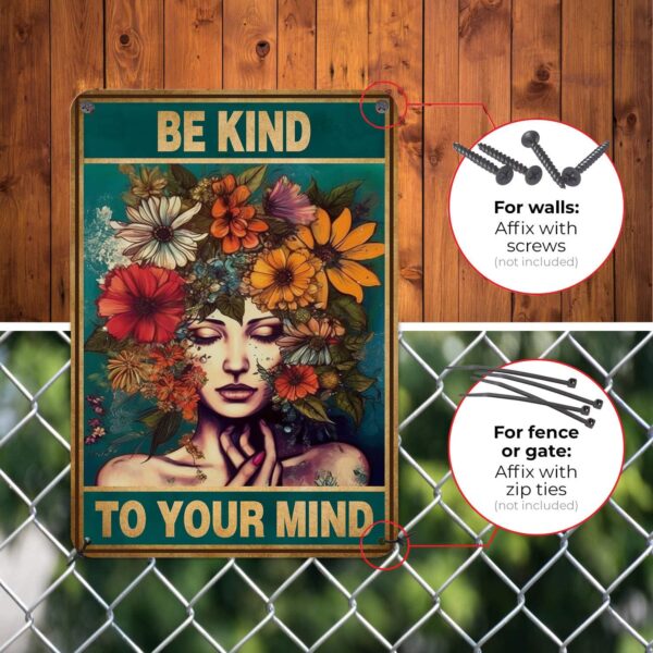 HYBLOM Vintage Room Decor, Boho Office Decor, Be Kind to Your Mind Wall Art Signs, Hippie Posters for House Aesthetic, Retro Metal Sign 12x8 Inches - Image 2