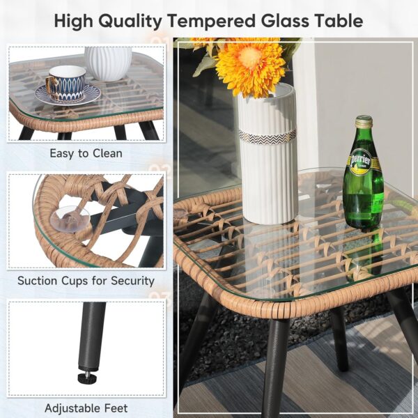 Verano Garden 3 Piece Patio Bistro Set, Outdoor Wicker Conversation Chair Sets Balcony Furniture,Coffee Table with Glass Top, Cushions & Lumbar Pillows for Porch, Backyard, Deck, Poolside - Image 4