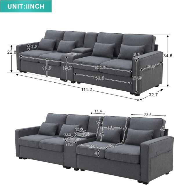 114.2" Upholstered Sofa with Storageable Coffee Table and 2 Cupholders, 2 USB Ports Wired or Wirelessly Charged, Modern Linen Fabric Couches for Living Room, Apartment (4-Seat) - Image 2