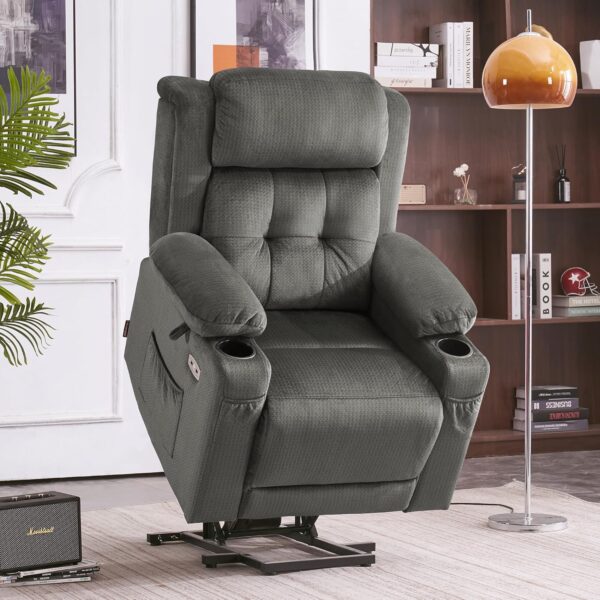 MCombo Small Dual Motor Power Lift Recliner Chair with Massage and Heat for Petite Elderly People, Adjustable Headrest, Infinite Position, USB Ports, Fabric 7660 (Grey, Small) - Image 2