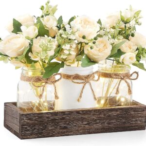 Mkono Mason Jar Lights Centerpiece Table Decorations for Farmhouse Coffee Table Wood Tray 3 Jars Flowers for Kitchen Dining Living Room Summer Fall Decor
