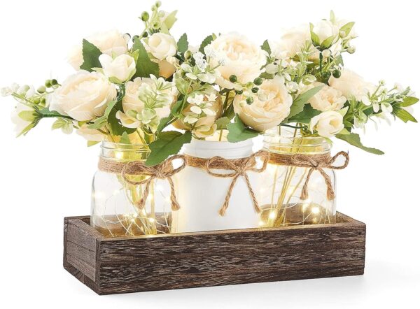 Mkono Mason Jar Lights Centerpiece Table Decorations for Farmhouse Coffee Table Wood Tray 3 Jars Flowers for Kitchen Dining Living Room Summer Fall Decor
