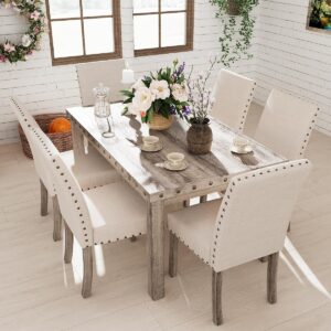Morden Fort 7 Piece Rustic Wooden Dining Set, Mid-Century Modern Table & Chair Set for Spacious Dining Rooms and Entertaining Guests
