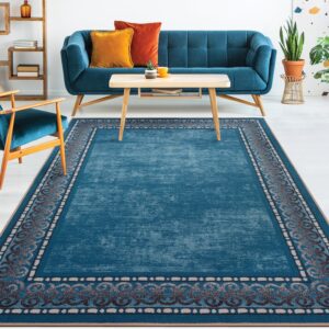 Antep Rugs Alfombras Bordered Modern 5x7 Non-Slip (Non-Skid) Low Pile Rubber Backing Indoor Area Rug (Turquoise Blue, 5' x 7')