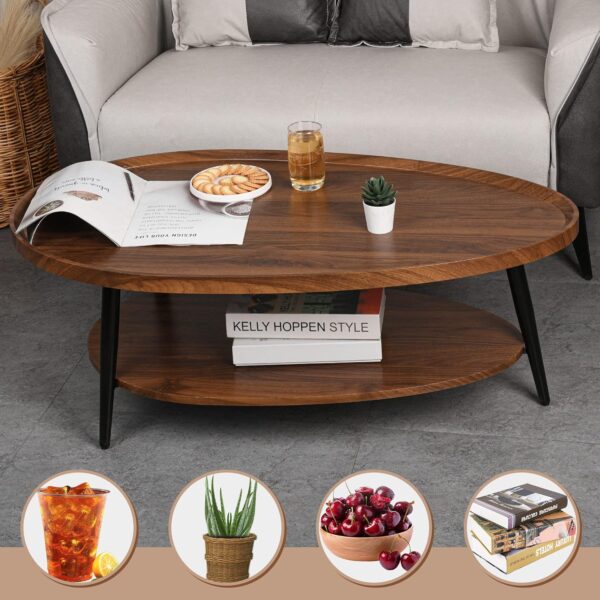 2-Tier Coffee Table Water-Shaped Wood Center Table Mid Century Oval Coffee Table Rustic Farmhouse Coffee Table for Living Room, Bedroom, 40", Brown - Image 3