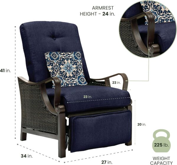 Hanover Ventura Brown Wicker Outdoor Recliner Chair with Cushions and Accent Pillow, Luxury All-Weather Outdoor Patio Recliner Chair with Rust Resistant Steel Frames for Deck, Backyard, Pool Side - Image 3