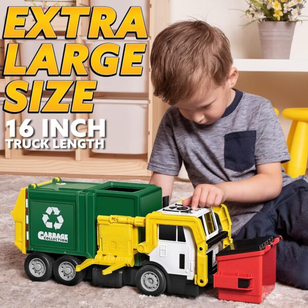 JOYIN Large Friction Powered Garbage Truck Toy Set, Includes Dumpster, Trash Bins, and Learning Cards for Kids - Image 2
