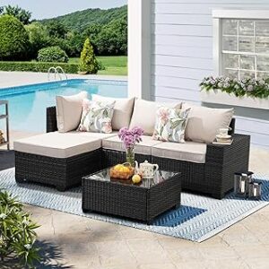 Patio Furniture Set 5 Pieces All Weather Patio Conversation Sets Wicker PE Rattan Outdoor Sectional Couch Sofa Set with Cushion Ottoman & Coffee Table for Garden, Backyard, Poolside Beige
