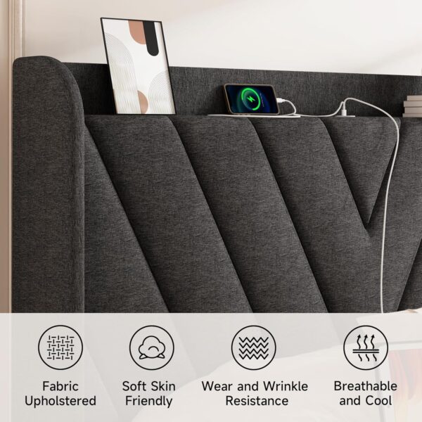 Queen Bed Frame with Headboard, Adjustable Upholstered Platform Bed Frame with Type-C&USB Ports, Wingback Storage Headboard, Solid Wood Slats Support, No Box Spring Needed, Dark Gray - Image 4