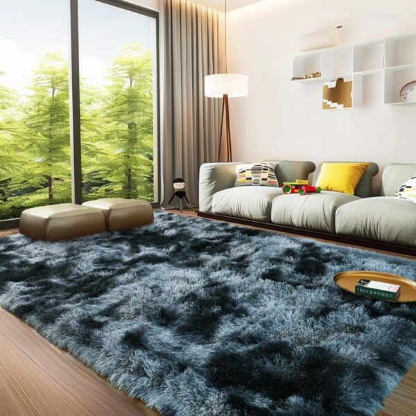 Anti-Skid Rectangular Fuzzy Rug Fluffy Rug for Living Room Non-Slip Shag Fuzzy Rug for Nursery Tie-Dyed Blue Grey Rectangle 5x7 Feet - Image 4