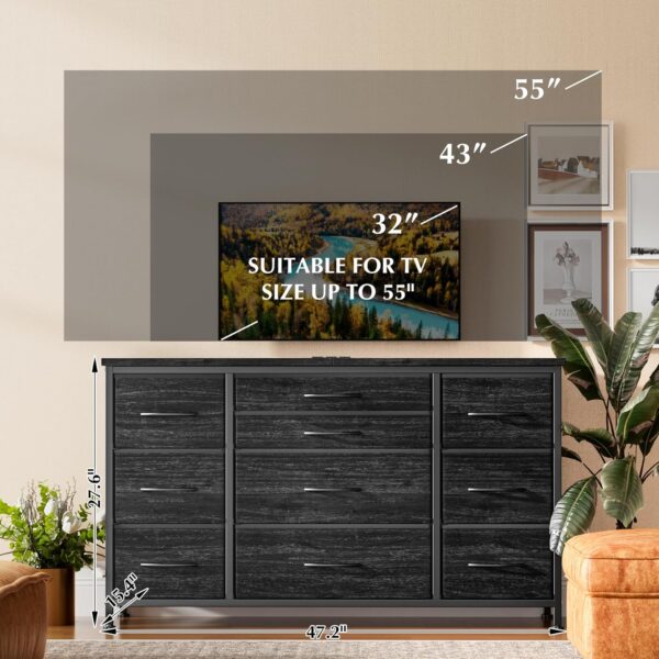 Dresser for Bedroom with Power Outlets, 55 inch TV Stand with Wood Tabletop, 10 Drawers Dresser with Big Storage, Wide Dressers Chests of Drawers with Fabric Storage, Black Wood Grain dresser - Image 2