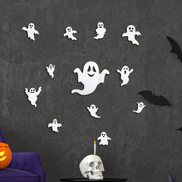 Halloween Ghost Wall Decor 25Pcs Cute Ghost Wall Stickers 3D Black Bat Wall Decoration Cute Halloween Decorations Reusable White Ghost Wall Decals for Home Office Indoor Outdoor Kitchen Party Supplies - Image 2