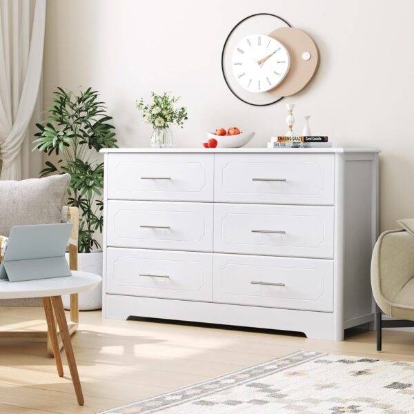HOSATCK 6 Drawer Dresser, Modern White Double Dresser, Wide Chest of Drawers with Metal Handels, Accent Wood Storage Dresser Chest Organizers for Living Room, Hallway, Entryway (Trapezoid/White) - Image 3